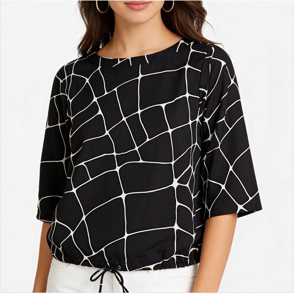 Worthington‎ Stretch Black White Geometric Print Drawstring Hem Top Size Medium